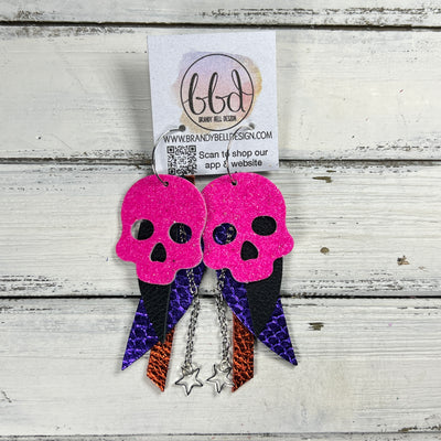 FANCY SKULL -  Leather Earrings  ||   <BR> NEON PINK FINE GLITTER (LEATHER ON THICK CORK), MATTE BLACK, METALLIC PURPLE COBRA, METALLIC ORANGE PEBBLED