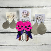 FANCY SKULL -  Leather Earrings  ||   <BR> BEJEWELED CHUNKY GLITTER (LEATHER ON THICK CORK), SHIMMER AQUA, METALLIC PURPLE PEBBLED, METALLIC NAVY BLUE PEBBLED