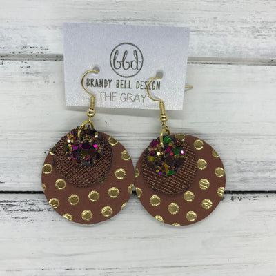 GRAY - Leather Earrings  ||    <BR> AUTUMN HARVEST GLITTER (NOT REAL LEATHER), <BR>METALLIC BRONZE SAFFIANO,  <BR> BROWN WITH METALLIC GOLD POLKADOTS
