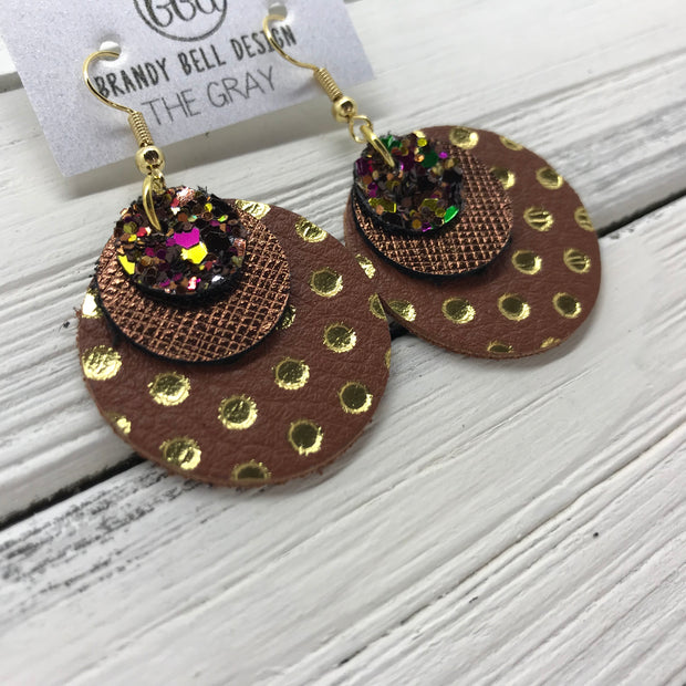 GRAY - Leather Earrings  ||    <BR> AUTUMN HARVEST GLITTER (NOT REAL LEATHER), <BR>METALLIC BRONZE SAFFIANO,  <BR> BROWN WITH METALLIC GOLD POLKADOTS