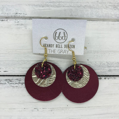 GRAY - Leather Earrings  ||    <BR> BURGUNDY GLITTER (NOT REAL LEATHER), <BR>METALLIC CHAMPAGNE WESTERN FLORAL,  <BR> METALLIC CRANBERRY SMOOTH