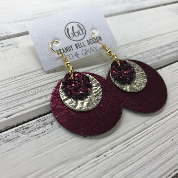 GRAY - Leather Earrings  ||    <BR> BURGUNDY GLITTER (NOT REAL LEATHER), <BR>METALLIC CHAMPAGNE WESTERN FLORAL,  <BR> METALLIC CRANBERRY SMOOTH