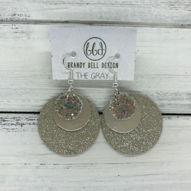 GRAY - Leather Earrings  ||    <BR> GLAMOUR GLITTER (NOT REAL LEATHER), <BR>METALLIC CHAMPAGNE SMOOTH,  <BR> SHIMMER TAUPE