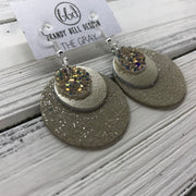 GRAY - Leather Earrings  ||    <BR> GLAMOUR GLITTER (NOT REAL LEATHER), <BR>METALLIC CHAMPAGNE SMOOTH,  <BR> SHIMMER TAUPE