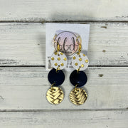 DAISY -  Leather Earrings  || <BR> GOLD POLKADOTS ON WHITE, <BR> METALLIC NAVY BLUE, <BR> METALLIC GOLD BRAID