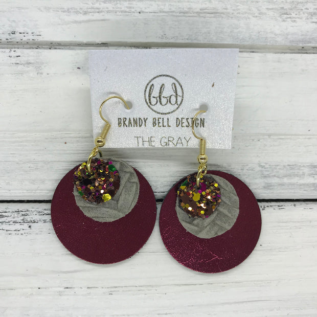 GRAY - Leather Earrings  ||    <BR> AUTUMN HARVEST GLITTER (NOT REAL LEATHER), <BR> GRAY BRAIDED WEAVE,  <BR> METALLIC CRANBERRY SMOOTH