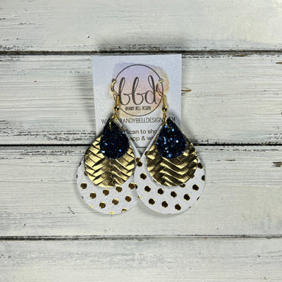 LINDSEY -  Leather Earrings  || <BR> NAVY GLITTER (FAUX LEATHER), <BR> METALLIC GOLD BRAID, <BR> GOLD POLKADOTS ON WHITE
