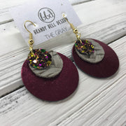 GRAY - Leather Earrings  ||    <BR> AUTUMN HARVEST GLITTER (NOT REAL LEATHER), <BR> GRAY BRAIDED WEAVE,  <BR> METALLIC CRANBERRY SMOOTH