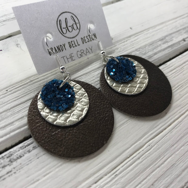 GRAY - Leather Earrings  ||    <BR> DARK TEAL GLITTER (NOT REAL LEATHER), <BR> METALLIC CHAMPAGNE COBRA,  <BR> PEARLIZED BROWN