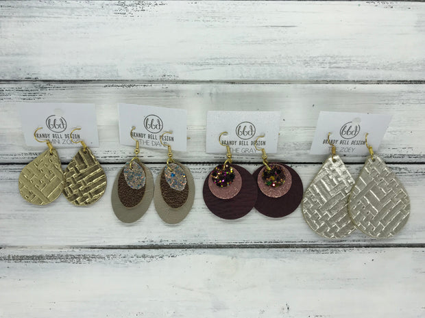 GRAY - Leather Earrings  ||    <BR> BURGUNDY GLITTER (NOT REAL LEATHER), <BR>METALLIC CHAMPAGNE WESTERN FLORAL,  <BR> METALLIC CRANBERRY SMOOTH