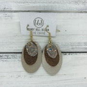 DIANE - Leather Earrings  ||    <BR> GLAMOUR GLITTER (NOT REAL LEATHER) , <BR> PEARLIZED BROWN PEBBLED ,BR> METALLIC CHAMPAGNE SMOOTH