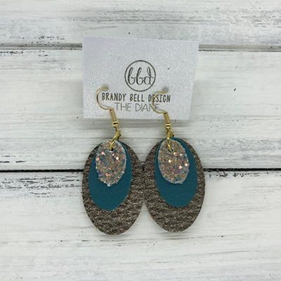 DIANE - Leather Earrings  ||    <BR> GLAMOUR GLITTER (NOT REAL LEATHER) , <BR> MATTE DARK TEAL  BR> PEARLIZED BROWN PEBBLED,