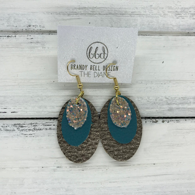 DIANE - Leather Earrings  ||    <BR> GLAMOUR GLITTER (NOT REAL LEATHER) , <BR> MATTE DARK TEAL  BR> PEARLIZED BROWN PEBBLED,