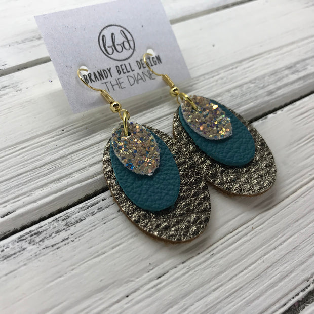 DIANE - Leather Earrings  ||    <BR> GLAMOUR GLITTER (NOT REAL LEATHER) , <BR> MATTE DARK TEAL  BR> PEARLIZED BROWN PEBBLED,