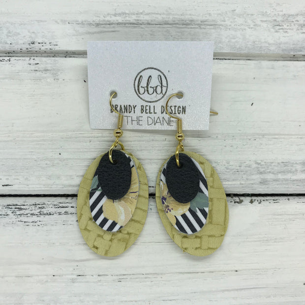 DIANE - Leather Earrings  ||    <BR> MATTE BLACK , <BR> STRIPE WITH YELLOW FLORAL, BR> YELLOW PANAMA WEAVE