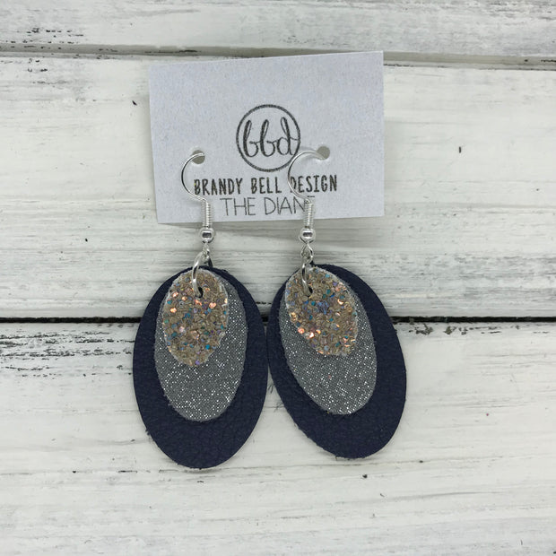 DIANE - Leather Earrings  ||    <BR> GLAMOUR GLITTER (NOT REAL LEATHER), <BR> SHIMMER GRAY, BR> MATTE NAVY BLUE