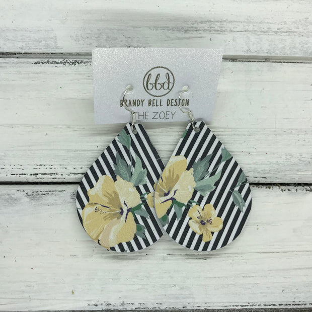 ZOEY (3 sizes available!) -  Leather Earrings  ||   YELLOW FLORAL ON BLACK & WHITE STRIPE