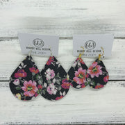 ZOEY (3 sizes available!) -  Leather Earrings  ||   PINK FLORAL ON BLACK