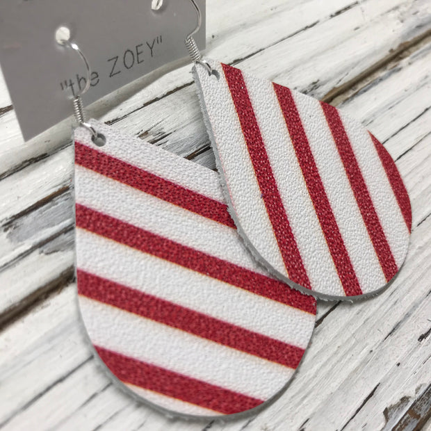 ZOEY (3 sizes available!) -  Leather Earrings  ||  WHITE WITH RED STRIPES