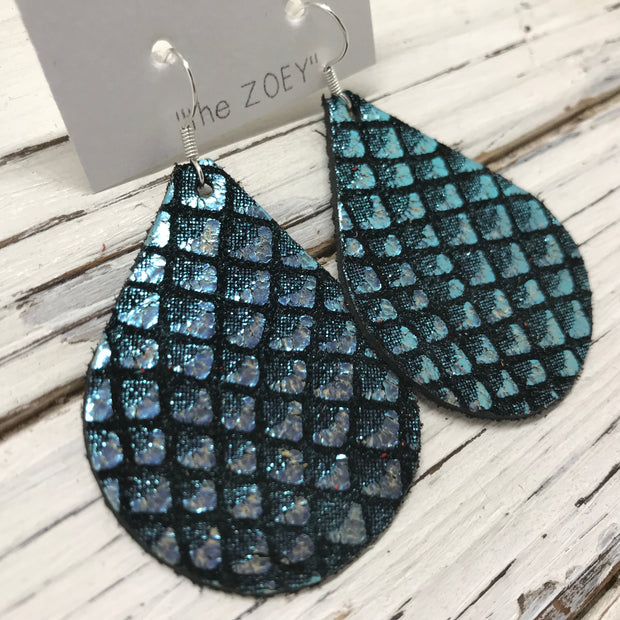 ZOEY (3 sizes available!) -  Leather Earrings  ||  METALLIC BLUE & BLACK MERMAID