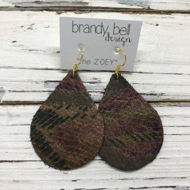 ZOEY (3 sizes available!) -  Leather Earrings  ||  METALLIC BROWN/TEAL PATTERN