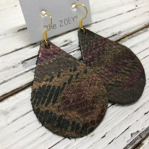 ZOEY (3 sizes available!) -  Leather Earrings  ||  METALLIC BROWN/TEAL PATTERN