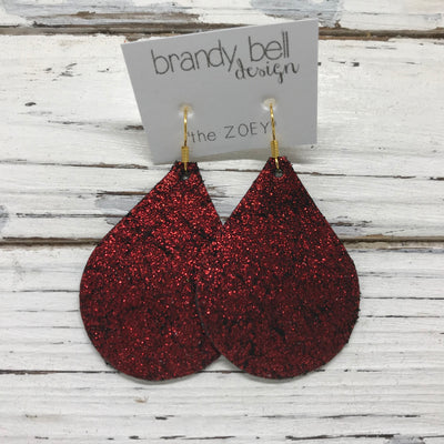 ZOEY (3 sizes available!) -  Leather Earrings  ||  SHIMMER BRIGHT RED ON BLACK