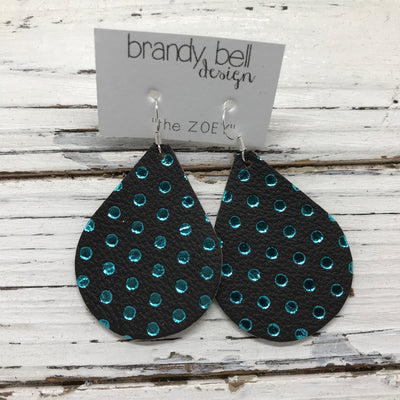 ZOEY (3 sizes available!) -  Leather Earrings  ||  VERY DARK BROWN WITH METALLIC TEAL POLKADOTS