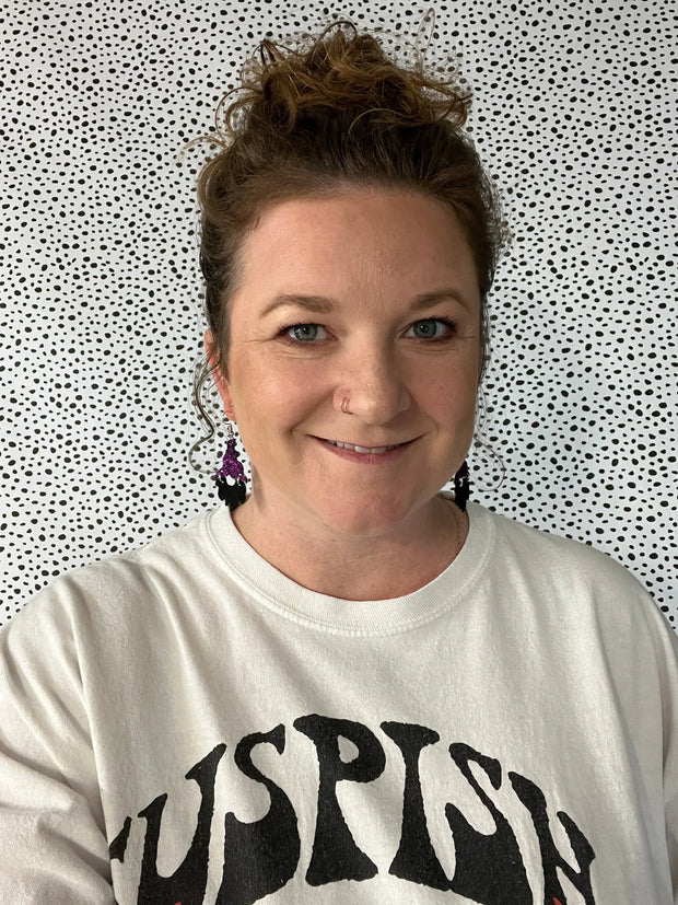 GNOME -  Leather Earrings  ||   <BR>PINK HEARTS, <BR> MATTE WHITE