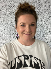 GNOME -  Leather Earrings  ||   <BR> BLACK & WHITE POLKADOTS, <BR> METALLIC ROSE GOLD PEBBLED
