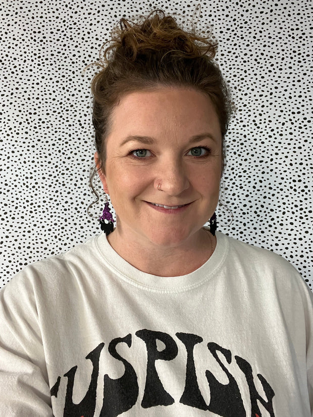 GNOME -  Leather Earrings  ||   <BR> BLACK & WHITE POLKADOTS, <BR> METALLIC ROSE GOLD PEBBLED