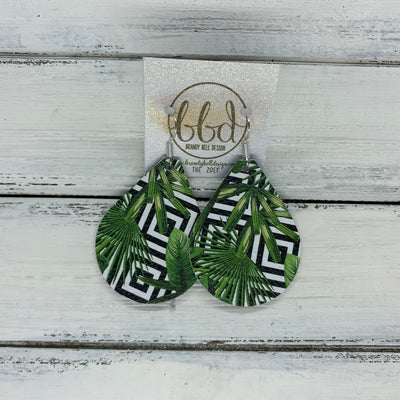 ZOEY (3 sizes available!) -  Leather Earrings  ||  BLACK & WHITE GEOMETRIC WITH PALMS  (PATTERN PLACEMENT VARIES!)