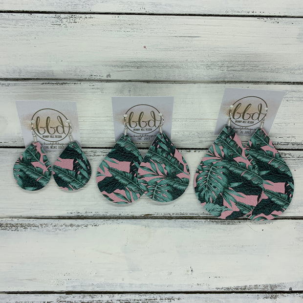ZOEY (3 sizes available!) -  Leather Earrings  ||  PINK WITH AQUA PALMS  (PATTERN PLACEMENT VARIES!)