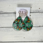 ZOEY (3 sizes available!) -  Leather Earrings  ||  BUTTERFLIES ON GREEN CORK (LEATHER ON CORK)