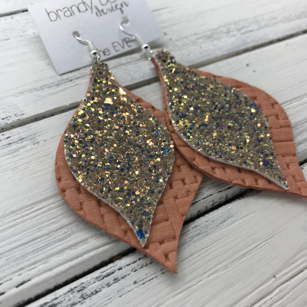 EVE - Leather Earrings  || <BR> GLAMOUR GLITTER (NOT REAL LEATHER), <BR> SALMON PANAMA WEAVE