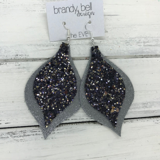 EVE - Leather Earrings  || <BR> NAVY/GOLD/SILVER GLITTER (NOT REAL LEATHER), <BR> SHIMMER GRAY