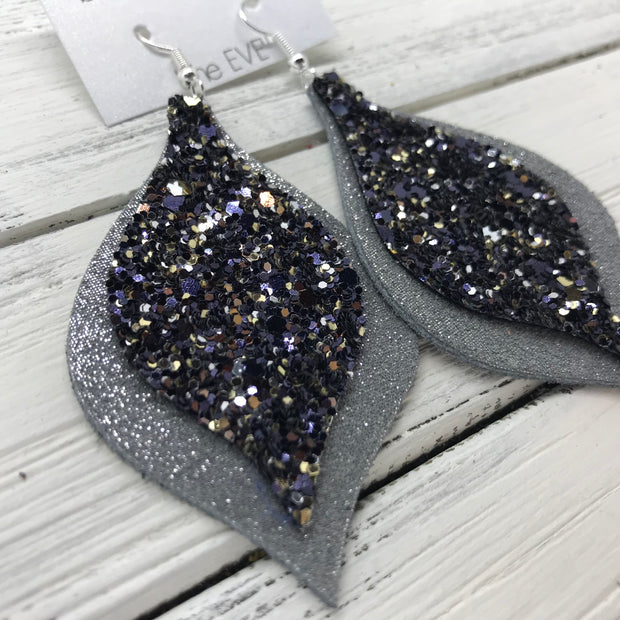 EVE - Leather Earrings  || <BR> NAVY/GOLD/SILVER GLITTER (NOT REAL LEATHER), <BR> SHIMMER GRAY