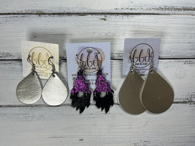 GNOME -  Leather Earrings  ||   <BR> METALLIC PURPLE PEBBLED, <BR> SHIMMER BLACK
