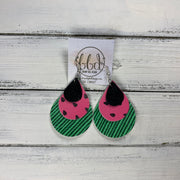 LINDSEY - Leather Earrings  ||   <BR>  SHIMMER BLACK, <BR> WATERMELON PINK (FAUX LEATHER),  <BR> WATERMELON RIND (FAUX LEATHER)