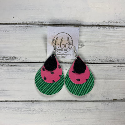 LINDSEY - Leather Earrings  ||   <BR>  SHIMMER BLACK, <BR> WATERMELON PINK (FAUX LEATHER),  <BR> WATERMELON RIND (FAUX LEATHER)