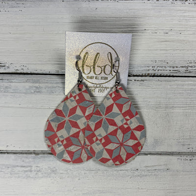 ZOEY (3 sizes available!) -  Leather Earrings  ||  RED & DUSTY BLUE PATCHWORK (FAUX LEATHER)