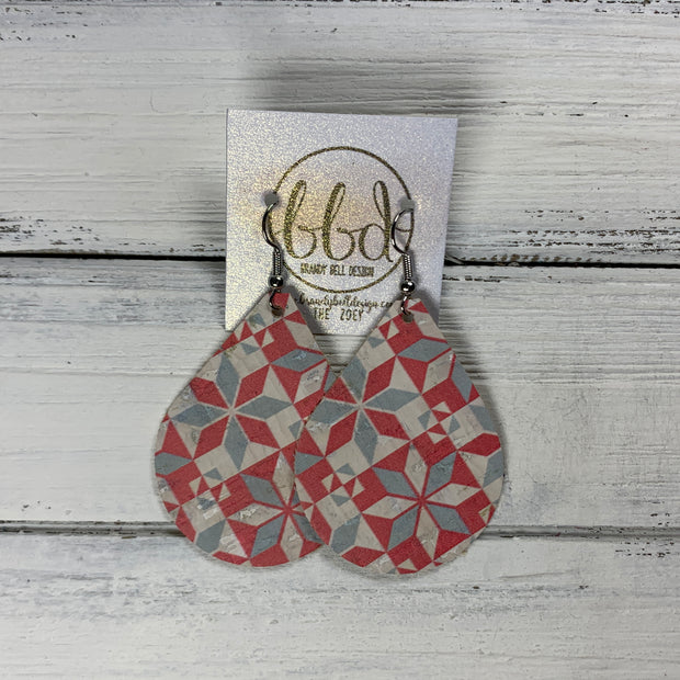 ZOEY (3 sizes available!) -  Leather Earrings  ||  RED & DUSTY BLUE PATCHWORK (FAUX LEATHER)