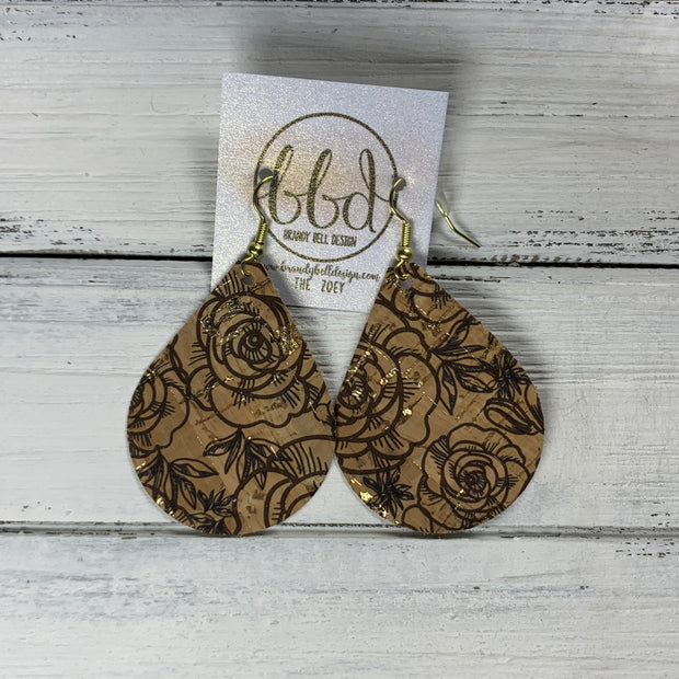 ZOEY (3 sizes available!) -  Leather Earrings  ||  ROSES ON FAUX CORK (FAUX LEATHER)