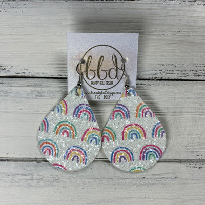 ZOEY (3 sizes available!) -  Leather Earrings  ||  RAINBOWS ON WHITE GLITTER (FAUX LEATHER)