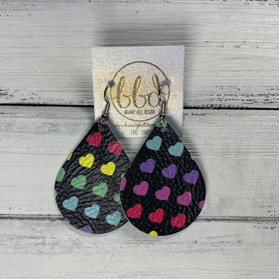 ZOEY (3 sizes available!) -  Leather Earrings  ||  MULTICOLOR HEARTS ON BLACK