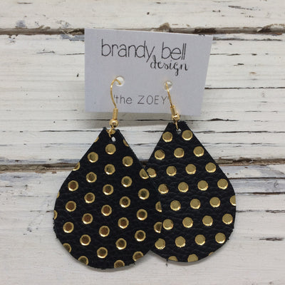 ZOEY (3 sizes available!) - Leather Earrings || MATTE BLACK WITH METALLIC GOLD POLKA DOTS