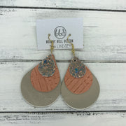 LINDSEY - Leather Earrings  ||  <BR> GLAMOUR GLITTER (NOT REAL LEATHER), <BR> SALMON PANAMA WEAVE, <BR> METALLIC CHAMPAGNE SMOOTH