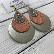 LINDSEY - Leather Earrings  ||  <BR> GLAMOUR GLITTER (NOT REAL LEATHER), <BR> SALMON PANAMA WEAVE, <BR> METALLIC CHAMPAGNE SMOOTH