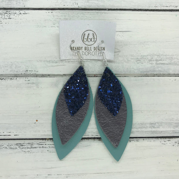 DOROTHY - Leather Earrings  ||  <BR> NAVY GLITTER (NOT REAL LEATHER) <BR> PEARLIZED GRAY <BR> MATTE DUSTY AQUA