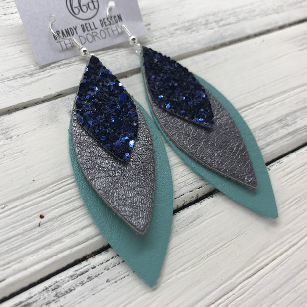 DOROTHY - Leather Earrings  ||  <BR> NAVY GLITTER (NOT REAL LEATHER) <BR> PEARLIZED GRAY <BR> MATTE DUSTY AQUA